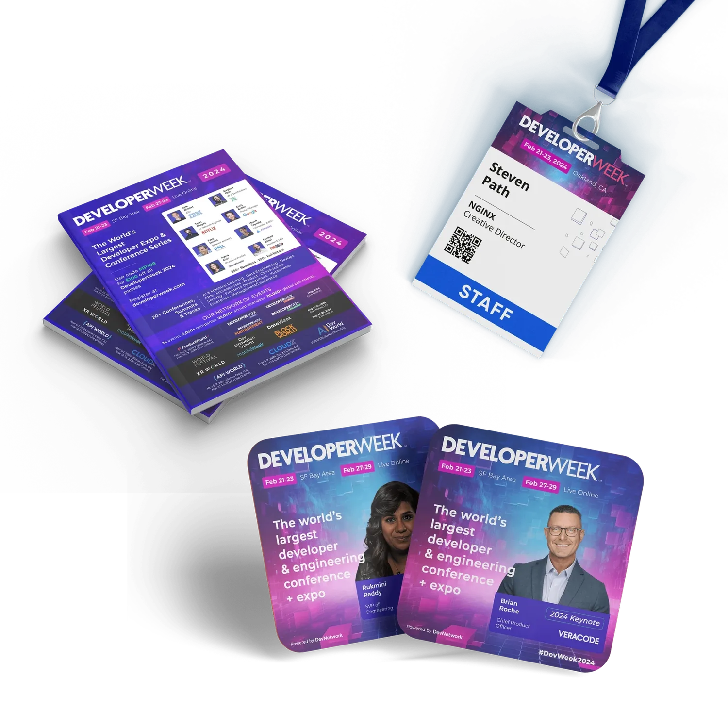 DeveloperWeek magazine covers, staff badge and speaker graphics