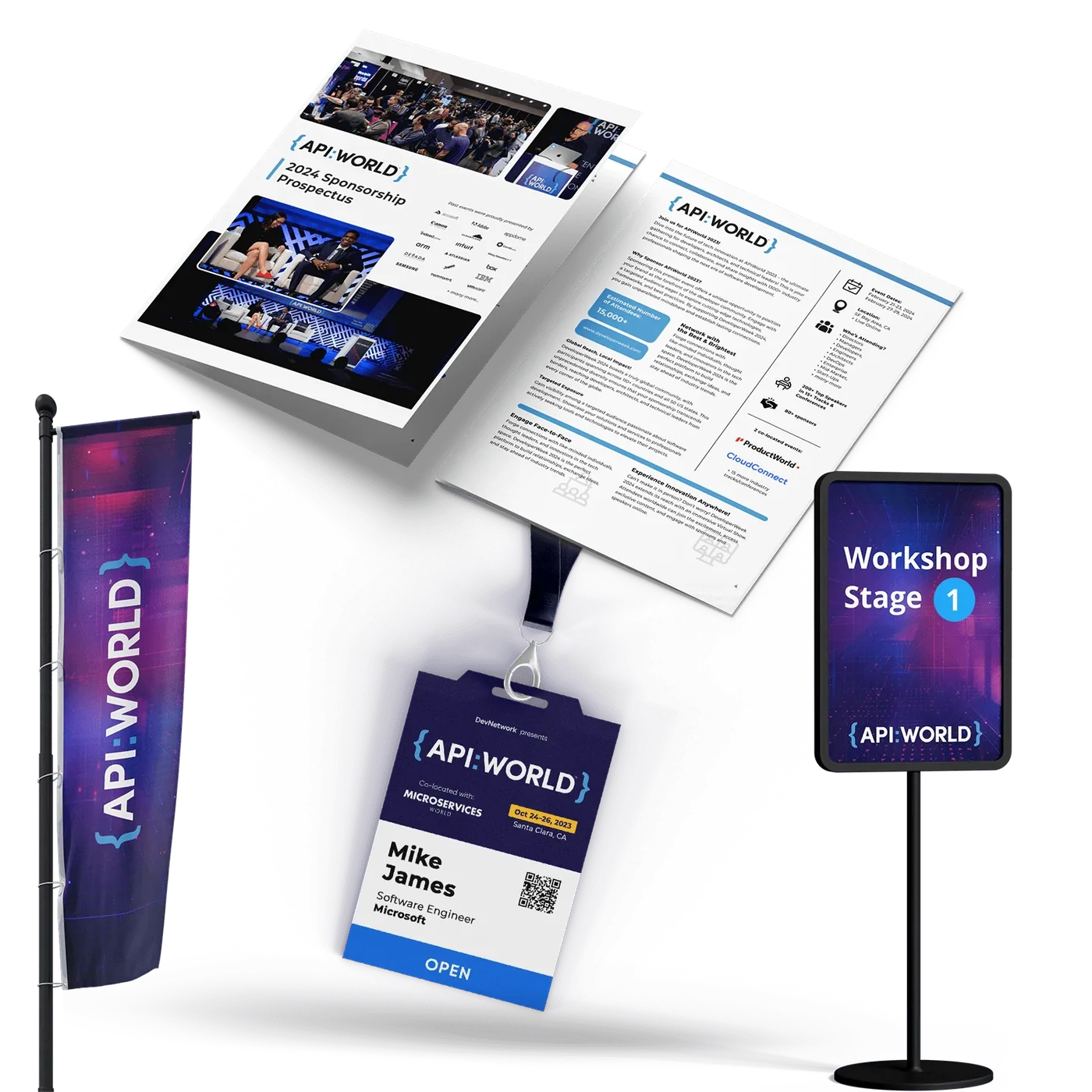 API World event flags, sponsor prospectus, badge and stage sign