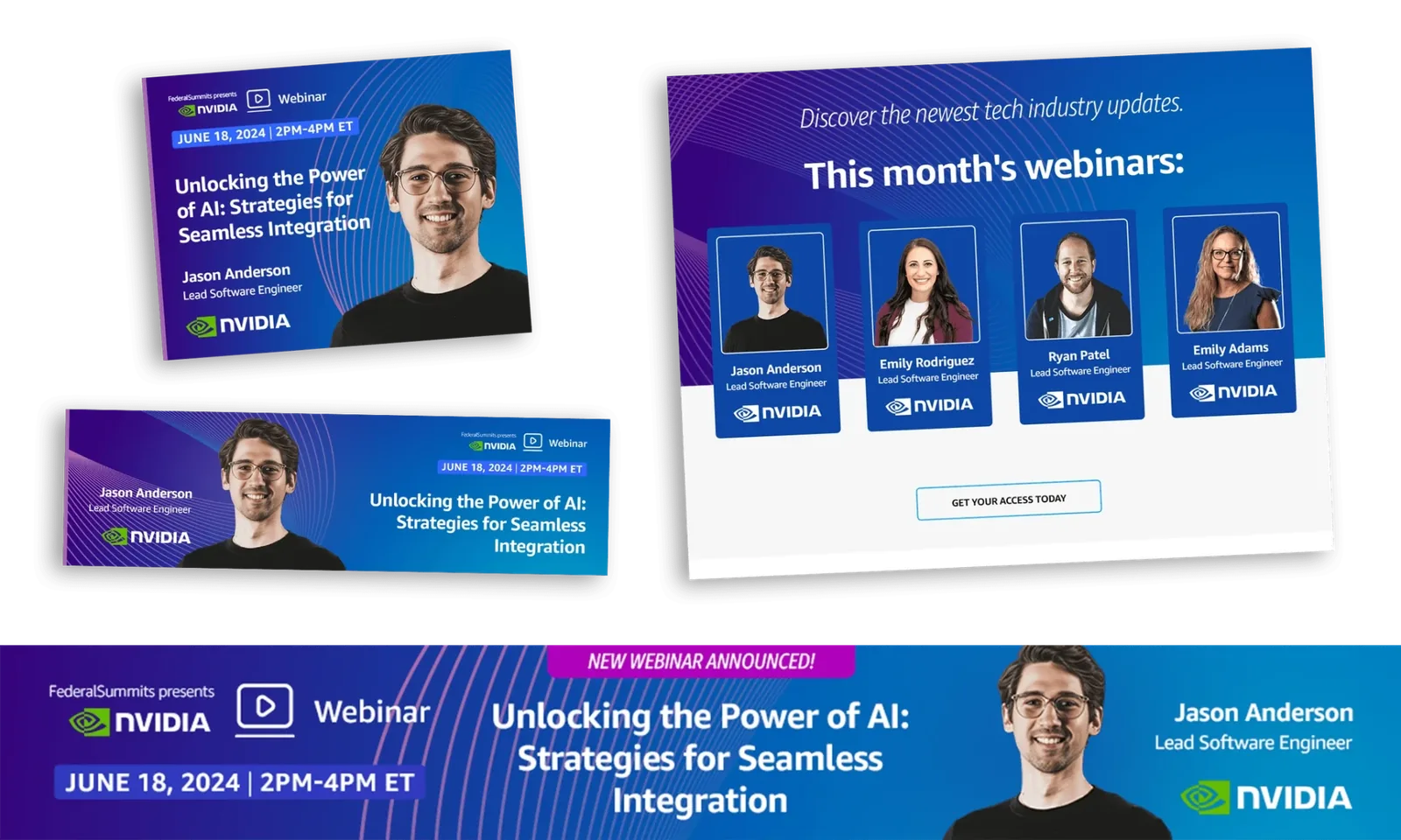 A coordinated set of NVIDIA webinar email and promotional graphics